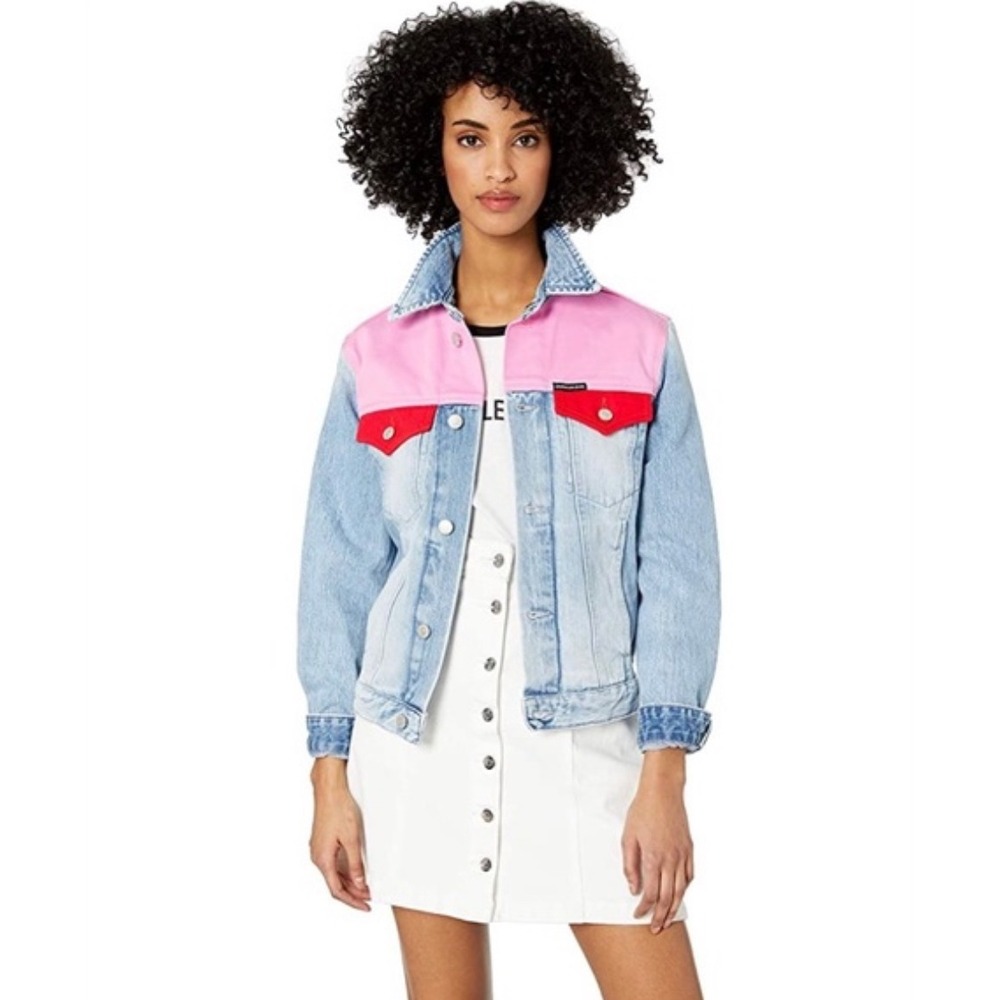 Calvin Klein Jeans Denim‎ Jacket Large Pink Red Color Block Trucker Coat